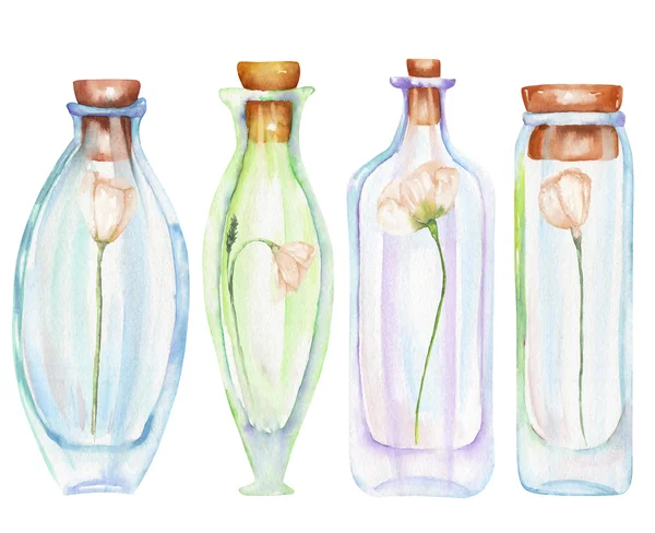 Illustrazione romantico e fiabesco bottiglie di acquerello con teneri fiori all'interno — Foto Stock