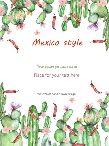 Background, template postcard with the cactuses, tender flowers and red chili peppers, hand drawn on a white background — Stock Photo, Image