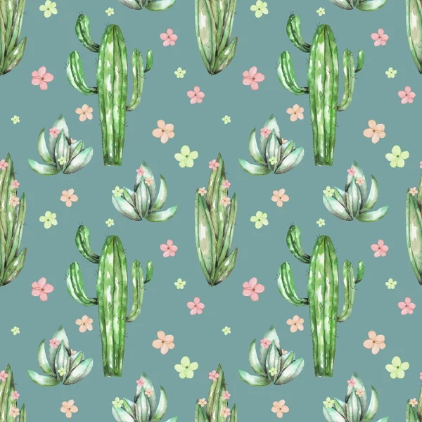 A seamless pattern with the watercolor various kinds of cactuses and flowers — Stock Photo, Image