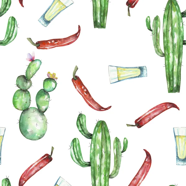 Un patrón sin costuras con la acuarela aislada chiles rojos, cactus y tequila — Foto de Stock