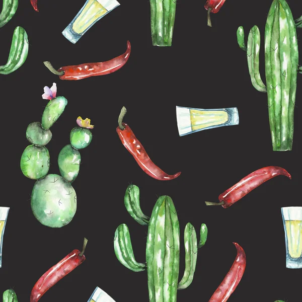 A seamless pattern with the isolated watercolor red chili peppers, cactuses and tequila — Stock Photo, Image
