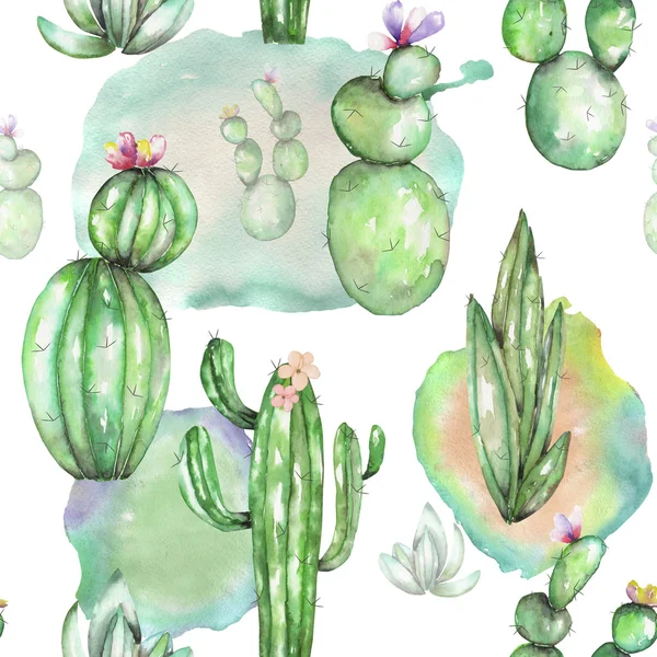 Een naadloos patroon met de aquarel verschillende soorten cactussen — Stockfoto