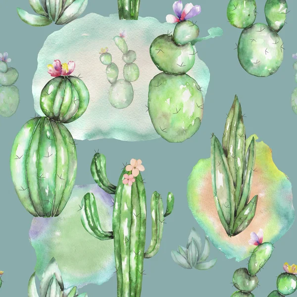 Un motif sans couture avec l'aquarelle différents types de cactus — Photo