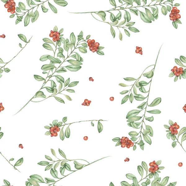 Seamless floral watercolor cowberry pattern — Stock Photo, Image