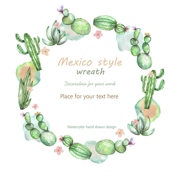Marco del círculo, corona de la acuarela varios tipos de cactus, dibujado a mano sobre un fondo blanco, tarjeta de felicitación — Foto de Stock