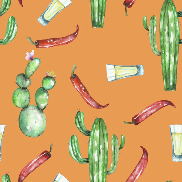 A seamless pattern with the isolated watercolor red chili peppers, cactuses and tequila — Stock Photo, Image