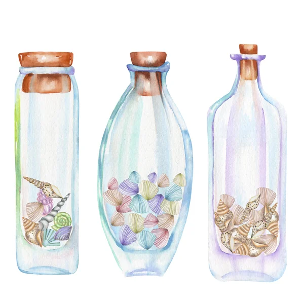 Colección de iconos, conjunto de botellas de acuarela románticas y de cuento de hadas con conchas de mar en el interior — Foto de Stock