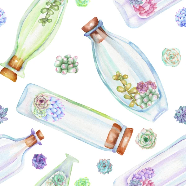 Sömlös mönster med florarier, vattenfärg flaskor med suckulenter och cuctuses inuti — Stockfoto