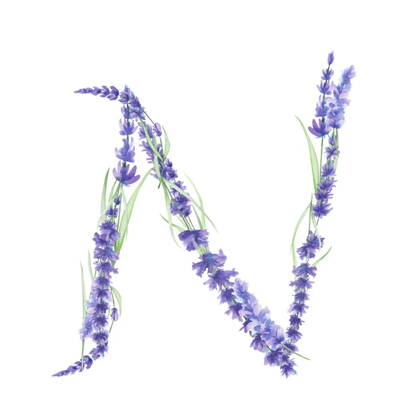 수채화 라벤더 꽃의 대문자 N, 흰색 배경, 웨딩 디자인에 그려진 고립 된 손 — 스톡 사진