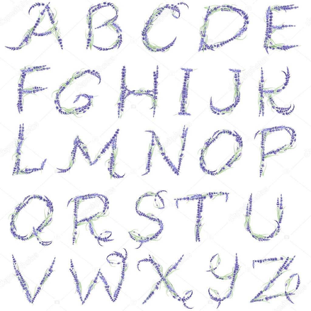 English Alphabet Of Watercolor Lavender Flowers Isolated Hand Drawn
