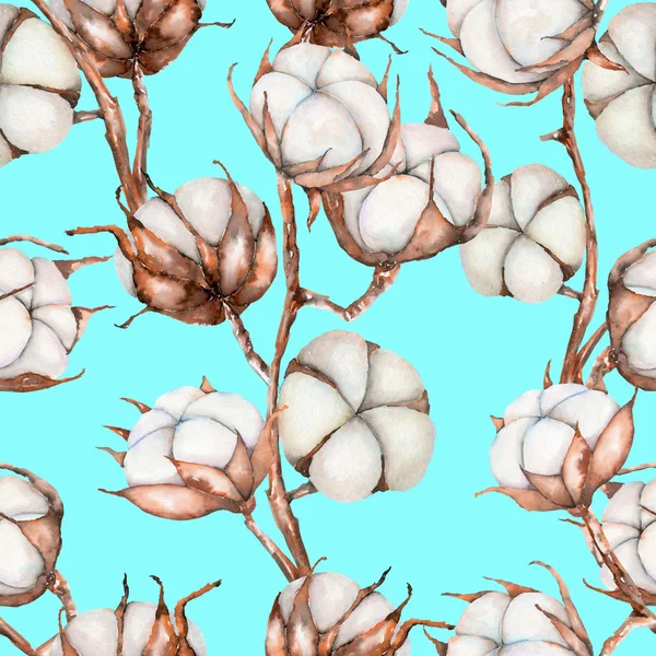 Χωρίς ραφή πρότυπο της υδατογραφίας βαμβάκι λουλούδια κλαδιά — Φωτογραφία Αρχείου