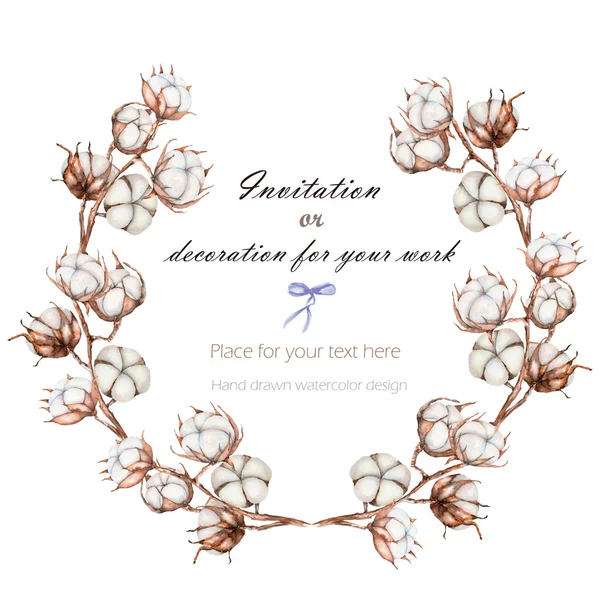 花輪、サークル フレーム綿の花の枝に白い背景の上に描画の手 — ストック写真