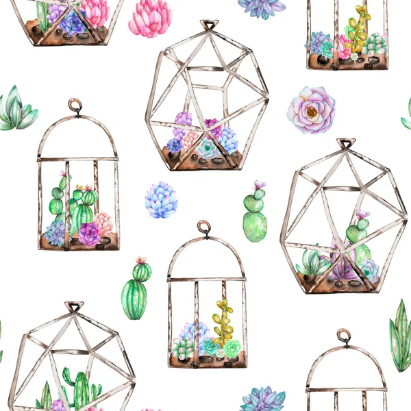 Modèle sans couture avec des fleurariums avec des succulents aquarelles et des cuctus à l'intérieur — Photo