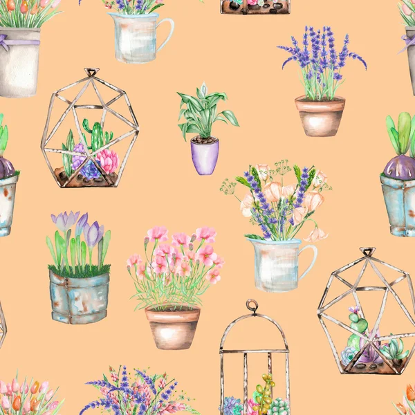 Un modello senza soluzione di continuità con mazzi di acquerello di fiori di campo in vasi rustici e fiorari con piante grasse — Foto Stock