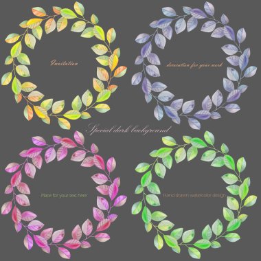 Wreaths, circle frames with the watercolor branches with leaves, hand drawn on a dark background