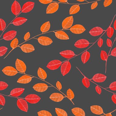 Kırmızı yaprakları ile suluboya dalları ile dikişsiz desen, el koyu bir arka plan üzerine boyanmış