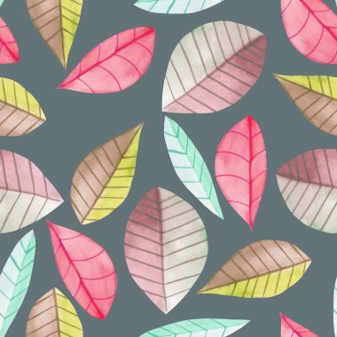 Suluboya parlak renkli yaprakları ile Dikişsiz çiçek deseni, el koyu bir arka plan üzerine boyanmış