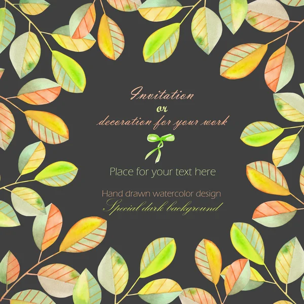 Bakgrund, mall vykort med en blommig prydnad av akvarell gröna och gula blad och grenar, hand dras i en pastell — Stockfoto