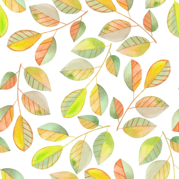 Modello senza cuciture con i rami ad acquerello con foglie verdi e gialle, dipinte a mano su sfondo bianco — Foto Stock