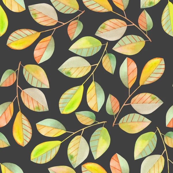 Motif sans couture avec les branches d'aquarelle aux feuilles vertes et jaunes, peint à la main sur un fond sombre — Photo