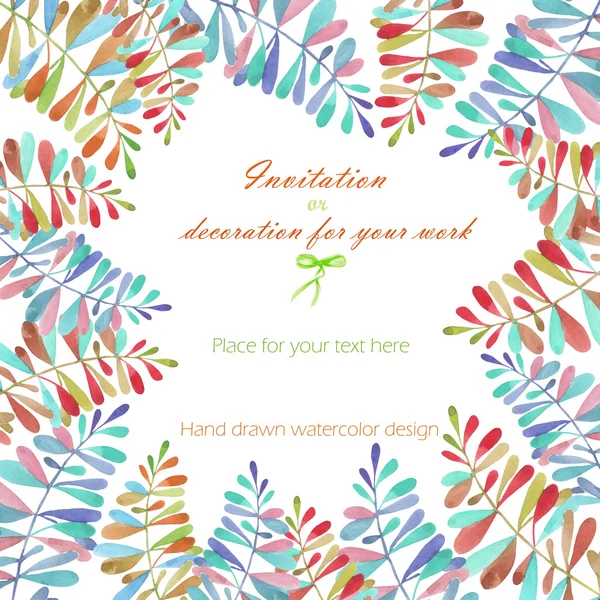 Fundo, modelo de cartão postal com um ornamento floral da aquarela folhas e galhos multicoloridos, desenhado à mão em um pastel — Fotografia de Stock