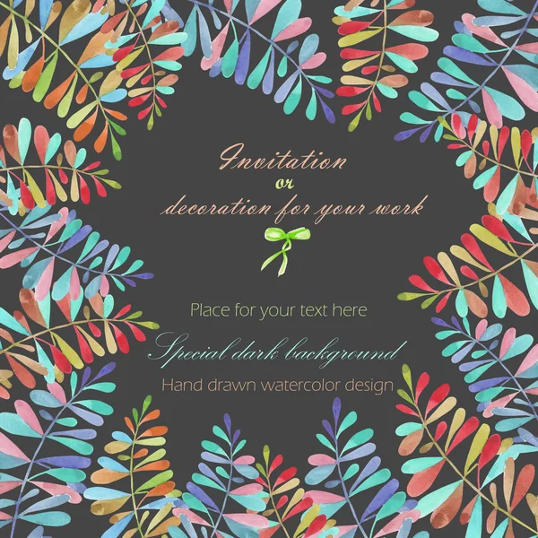 Background, template postcard with a floral ornament of the watercolor multicolored leaves and branches, hand drawn in a pastel — Stock Photo, Image