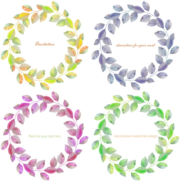 Wreaths, circle frames with the watercolor branches with leaves, hand drawn on a white background