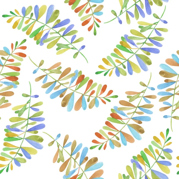 Modello senza cuciture con i rami ad acquerello con foglie multicolori, dipinte a mano su sfondo bianco — Foto Stock
