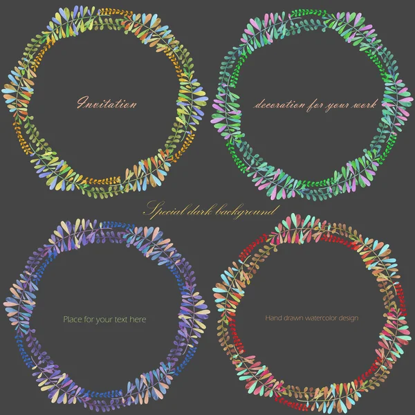 Wreaths, circle frames with the watercolor branches with leaves, hand drawn on a dark background — Stockfoto