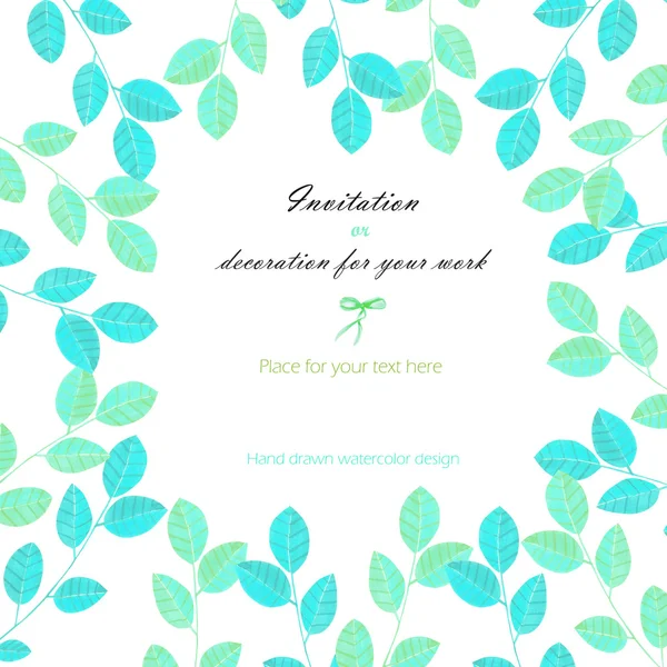 Background, template postcard with the watercolor blue and mint leaves, hand drawn on a white background — Stock Photo, Image