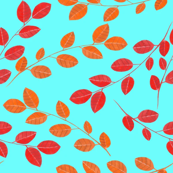 Kırmızı yaprakları ile suluboya dalları ile dikişsiz desen, el turkuaz bir arka plan üzerine boyanmış