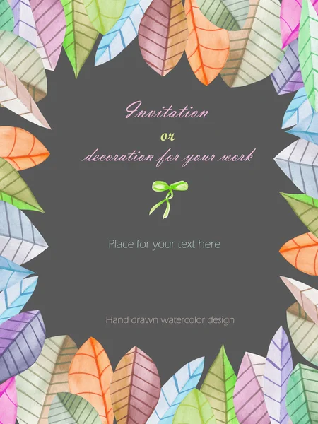 Background, template postcard with the watercolor leaves, hand drawn on a dark background — Stock Photo, Image