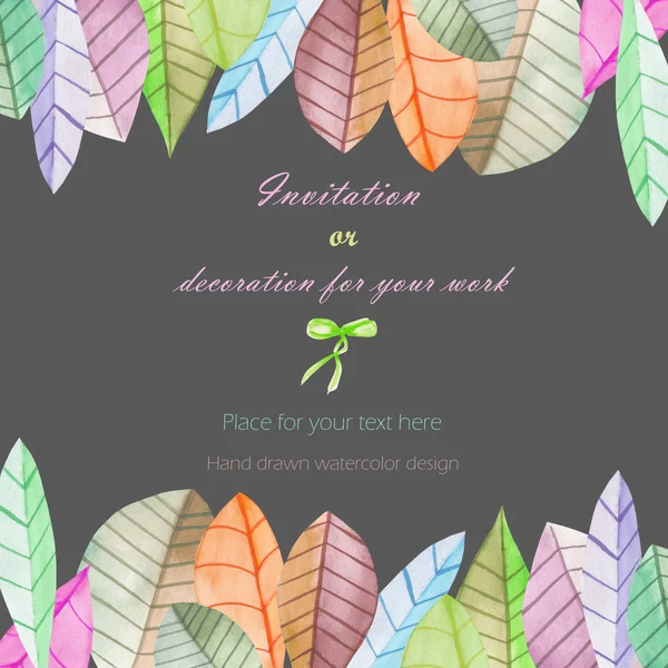 Background, template postcard with the watercolor leaves, hand drawn on a dark background — Stock Photo, Image