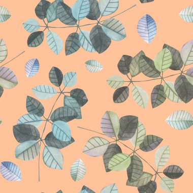 Mavi ve gri yaprakları ile suluboya dalları ile dikişsiz desen, el pembe bir arka plan üzerine boyanmış