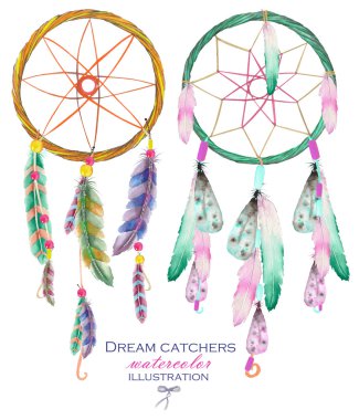 Dreamcatchers ile İllüstrasyon, beyaz bir arka plan üzerinde suluboya çizilmiş el