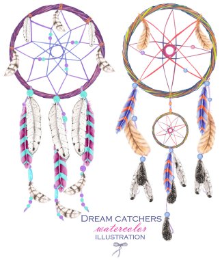 Dreamcatchers ile İllüstrasyon, beyaz bir arka plan üzerinde suluboya çizilmiş el