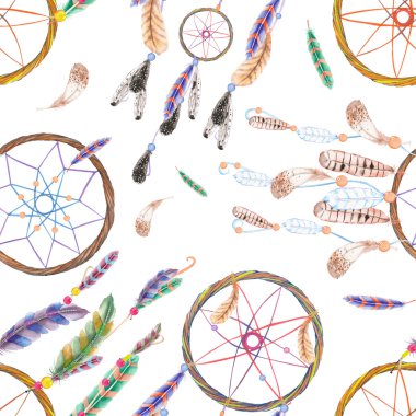 Suluboya dreamcatchers ve havada tüyleri ile Dikişsiz desen, beyaz bir arka plan üzerine çizilmiş el