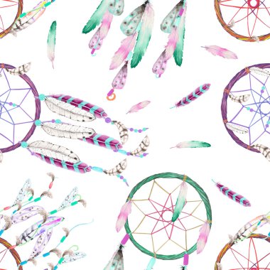 Suluboya dreamcatchers ve havada tüyleri ile Dikişsiz desen, beyaz bir arka plan üzerine çizilmiş el