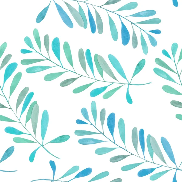 Seamless pattern with the watercolor branches with blue and turquoise leaves, hand painted on a white background — Stock Photo, Image