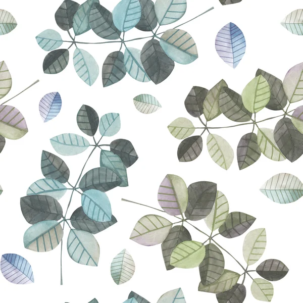 Bezešvé vzory s vodivými větvemi s modrými a šedivými listy, ručně malovanými na bílém pozadí — Stock fotografie