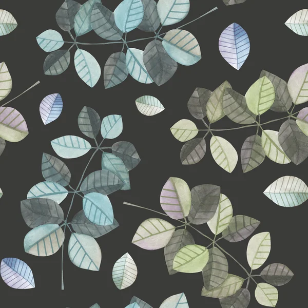 Seamless pattern with the watercolor branches with blue and grey leaves, hand painted on a dark background