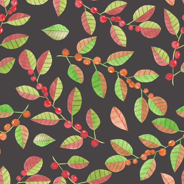 En sömlös mönster med akvarell röda och orange bär på grenarna med löv på en mörk bakgrund — Stockfoto