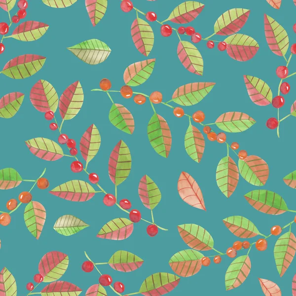 Un patrón sin costuras con las bayas de color rojo y naranja acuarela en las ramas con hojas sobre un fondo azul oscuro — Foto de Stock