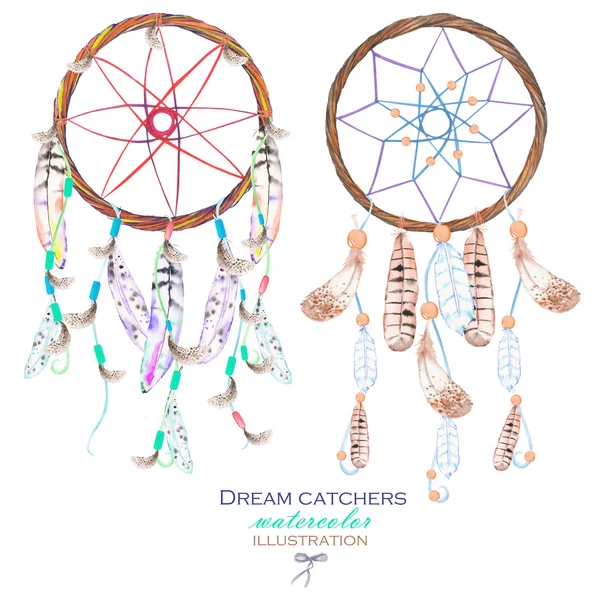 Dreamcatchers ile İllüstrasyon, beyaz bir arka plan üzerinde suluboya çizilmiş el