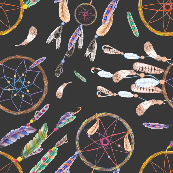 Seamless pattern with watercolor dreamcatchers and feathers in the air, hand drawn on a dark background — Stock Photo, Image