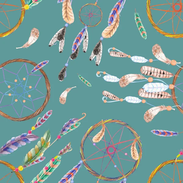 Seamless pattern with watercolor dreamcatchers and feathers in the air, hand drawn on a dark blue background — Stock Photo, Image