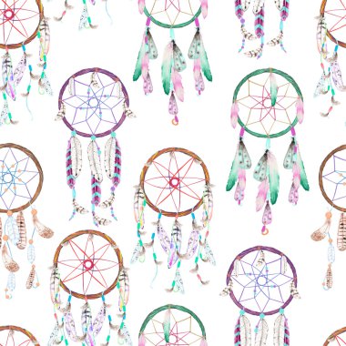 Sulu Boya dreamcatchers, beyaz bir arka plan üzerinde çizilmiş el ile Seamless Modeli