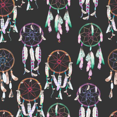 Sulu Boya dreamcatchers, karanlık bir arka plan üzerinde çizilmiş el ile Seamless Modeli