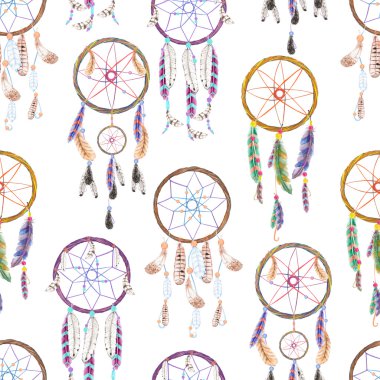 Sulu Boya dreamcatchers, beyaz bir arka plan üzerinde çizilmiş el ile Seamless Modeli