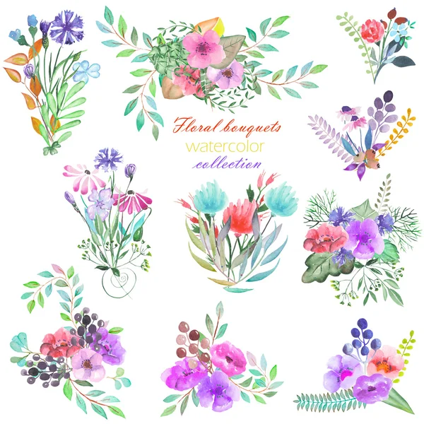 Uppsättning av akvarell buketter med blommor, blad och växter — Stockfoto